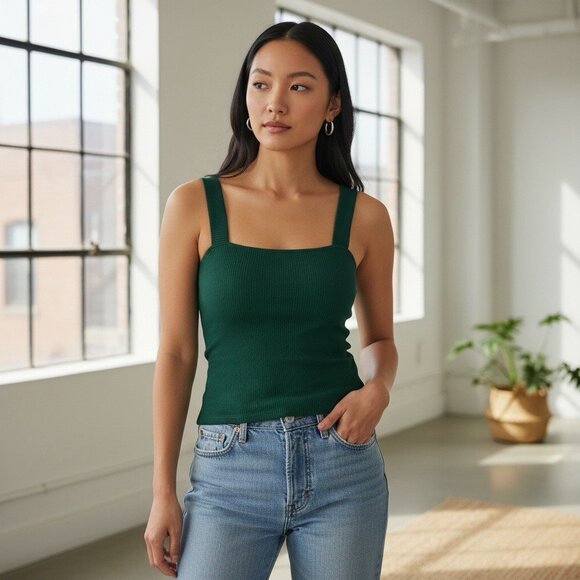 Reformation Canyon Ribbed Knit Tank Top Forest Green Sustainable Stretch L Large - Picture 1 of 7